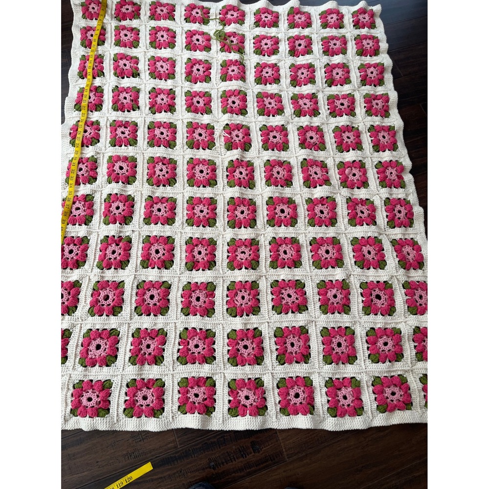 Handmade Crochet Floral Granny Square Blanket Pink Cream 63X51 Excellent Boho